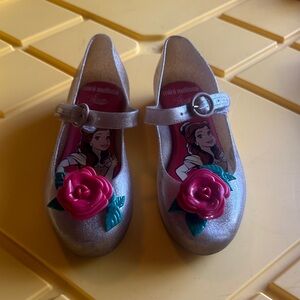 Mini Melissa Glittery Silver Shoes with Pink Floral Accent